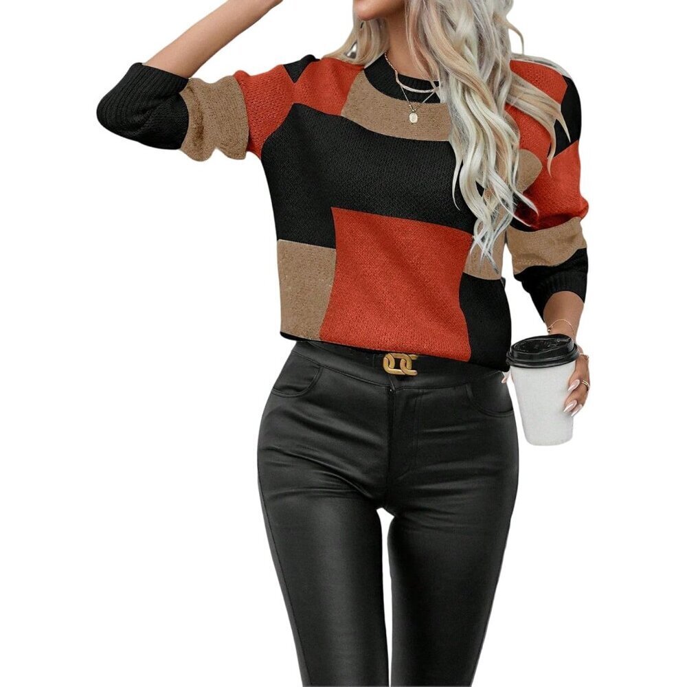 Color Block Patchwork Pullover Sweater for Women Long Sleeve Crew Neck Casual